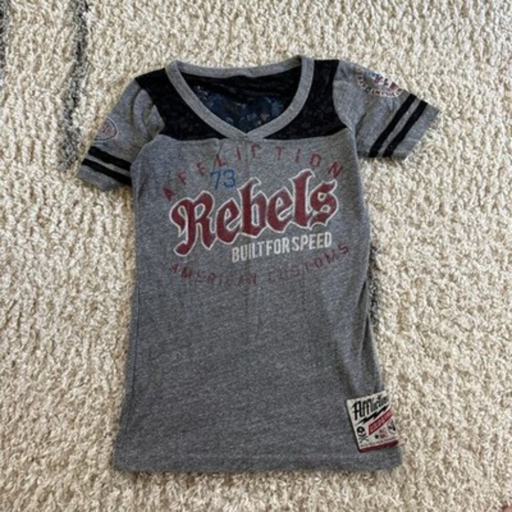 Affliction Rebels TShirt Small Y2K Moto Biker Glam Lace Front Back Graphic
